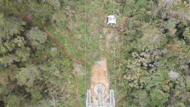 Top Down View Of Nature Preserve and Cable Car System at Arvi Park in Colombia - aerial drone shot