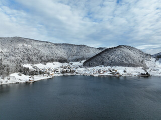 Aerial view of the Palcmanska Masa reservoir in the village of Dedinky in Slovakia