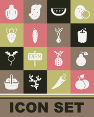 Set Mango fruit, Pear, Bell pepper, Watermelon, Cucumber, Strawberry, Pomegranate and Onion icon. Vector