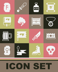 Set Skull, King crown, Necklace with gem, Whiskey bottle, Cloud and lightning, Viking book, Magic rune and Antique treasure chest icon. Vector