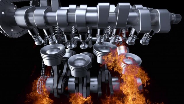 Start Stop Button Activates Powerful V8 Car Engine. In Flames. Machines And Industry Related 4K 3D Animation.