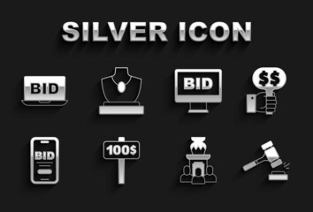 Set Hand holding auction paddle, Auction hammer, ancient vase, Online, and jewelry sale icon. Vector