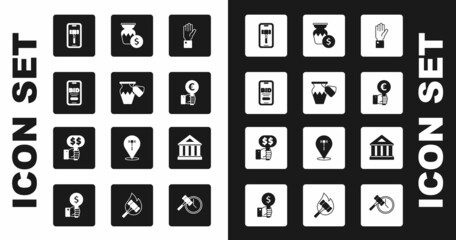 Set Hand holding auction, Auction ancient vase, Online, paddle, Museum building and icon. Vector