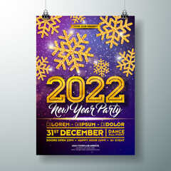 2022 New Year Party Celebration Poster Template Illustration with Gold Glittered Snowflake on Shiny Colorful Background. Vector Xmas Holiday Season Premium Party Invitation Flyer Design, Celebration