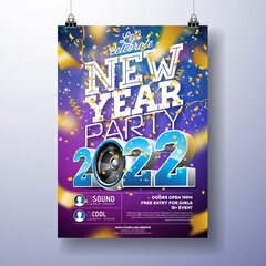 2022 New Year Party Celebration Poster Template Illustration with 3d Number, Speaker and Falling Colorful Confetti on Shiny Colorful Background. Vector Xmas Holiday Season Premium Party Invitation