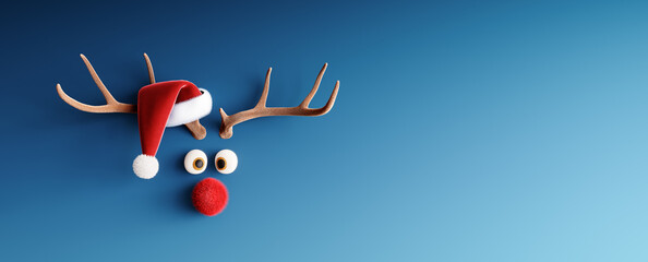 Renne avec nez rouge et bonnet de Noel sur fond bleu de Noël Rendu 3D, Illustration 3D