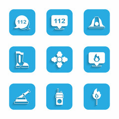 Fototapeta premium Set Firefighter, Walkie talkie, Burning match with fire, Location flame, hose reel, boots, helmet and Emergency call icon. Vector