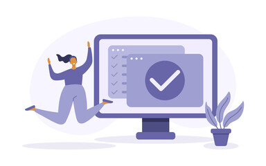 Happy jumping woman with checkmark on desktop. Task completed or finished work concept. Flat style vector illustration..