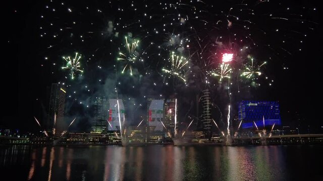 Fireworks lighting up the sky above Galleria Mall as part of 50th Golden Jubilee UAE National Day celebrations in Abu Dhabi