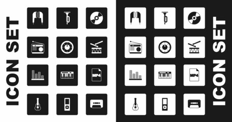 Set Vinyl disk, Sound mixer controller, Radio, Air headphones, Drum with drum sticks, Trumpet, MP4 file document and Music equalizer icon. Vector