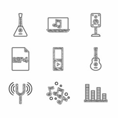 Set Music player, note, tone, equalizer, Guitar, Musical tuning fork, MP4 file document, Stereo speaker and Balalaika icon. Vector