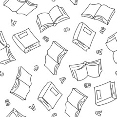 Hand-drawn vector pattern in doodle style with books and letters.