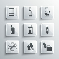 Set Medical nicotine patches, Lighter, Electronic cigarette, Vape mod device, No smoking, Cigarette case and Bong icon. Vector