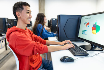 Young multiracial students giving exams in high school - Education and technology concept