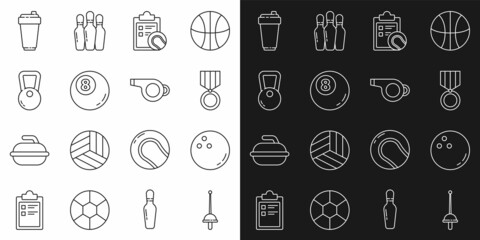 Set line Fencing, Bowling ball, Medal, Checklist clipboard and tennis, Billiard pool snooker, Kettlebell, Fitness shaker and Whistle icon. Vector