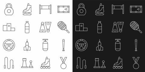 Set line Medal, Baseball bat, Tennis racket, Volleyball net, Bottle of water, Award over sports winner podium, Kettlebell and Rubber flippers for swimming icon. Vector