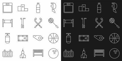 Set line Bowling ball, Basketball, Tennis racket, Bottle of water, Golf club, Volleyball net, Bathroom scales and Ice hockey sticks icon. Vector