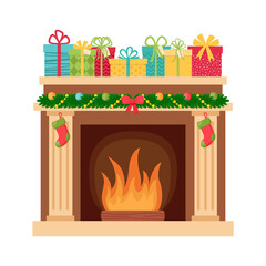 Fireplace with christmas decoration. Merry Christmas and Happy New Year. Vector illustration