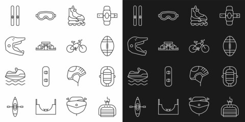 Set line Ski lift, Rafting boat, Rugby ball, Roller skate, Formula 1 racing car, Motocross motorcycle helmet, and sticks and Bicycle icon. Vector