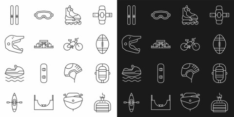 Set line Ski lift, Rafting boat, Rugby ball, Roller skate, Formula 1 racing car, Motocross motorcycle helmet, and sticks and Bicycle icon. Vector