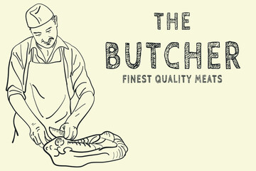 Vintage Butcher shop hand - drawn. Retro Menu Restaurant poster. Vector. Fresh meat products. Design element for poster, menu, flyer, banner, package.