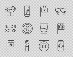 Set line Street signboard with Bar, Beer can, Bottle opener, Cocktail, Alcohol 21 plus, and Pub icon. Vector