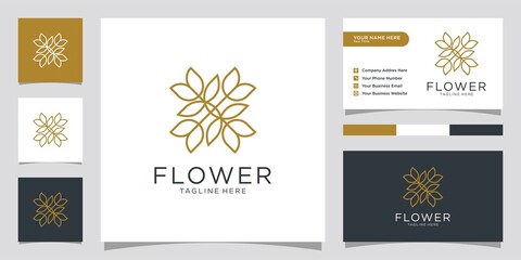 Fototapeta na wymiar Flower mono line luxury logo with business card design
