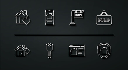 Set line House with heart shape, Sale house, Hanging sign text Sold, Online real estate, key, under protection and Rent icon. Vector