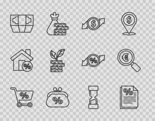 Set line Shopping cart, Finance document, Financial growth and dollar, Purse money percent, Stacks paper cash, Dollar plant, Old hourglass and Magnifying euro icon. Vector