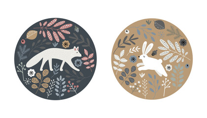 Two hand drawn circle icons with wild white fox and hare in forest leaves and branches in Scandinavian style isolated vector illustrations