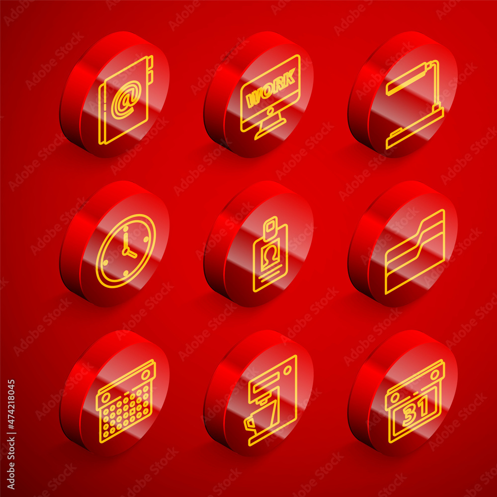Poster set line address book, monitor with text work, table lamp, clock, identification badge, document fol