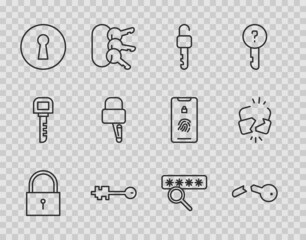 Set line Lock, Broken key, Unlocked, Old, Keyhole, picks for picking, Password protection and cracked icon. Vector
