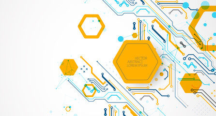 Abstract technology concept. Circuit board, high computer color background. Vector illustration with space for content, web - template, business tech presentation.