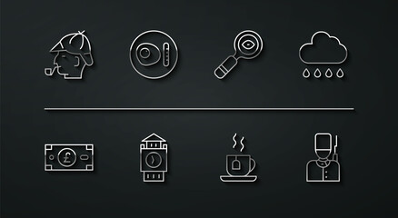 Set line Sherlock Holmes, Pound sterling money, Cloud with rain, Cup of tea tea bag, Big Ben tower, British breakfast, soldier and Magnifying glass icon. Vector