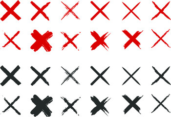 Obraz premium Red and Black Cross Mark Icon Set, Grunge X Symbols, No Sign Wrong Error Mark Vector Collection for Graphic Design
