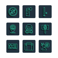 Set line Police badge, assault shield, Protest, rubber baton, Gas mask, Location peace, and icon. Vector
