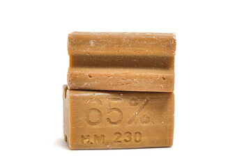 Two pieces household soap on white background, isolate.