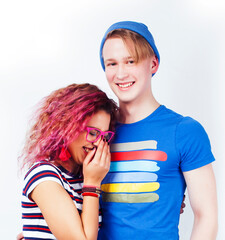 best friends teenage girl and boy together having fun, posing emotional on white background isolated, latin american and caucasian