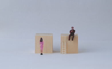 Gender gap. The man went up the stairs, the woman has no stairs. Concepts of gender inequality in social and economic activity