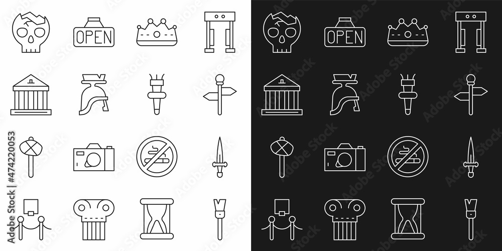 Sticker set line paint brush, dagger, road traffic signpost, king crown, roman army helmet, museum building,