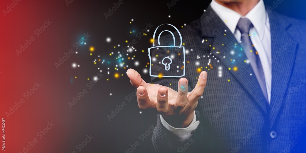 Aufkleber cyber security network. padlock icon and internet technology. businessman protecting data