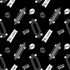 Vector Illustration of Different Skate Board with Lines on Black Color Background. Skateboarding Seamless Pattern with Cartoon Skateboard and Word. Flat Line Art Style Design with Skate