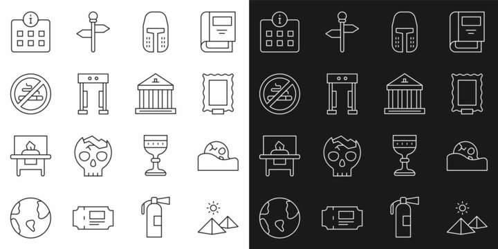 Set line Egypt pyramids, Human skull, Picture, Medieval iron helmet, Metal detector, No Smoking, Information and Museum building icon. Vector