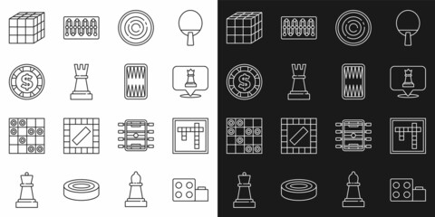 Set line Toy building block bricks, Bingo, Chess, Checker game chips, Casino with dollar, Rubik cube and Backgammon board icon. Vector