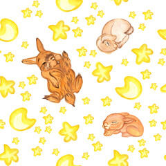 Watercolor pattern of sleeping rabbits and stars