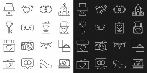 Set line Photo camera, Diamond engagement ring, Lock and heart, Wedding rings, Bow tie, Key shape, cake and Greeting card icon. Vector