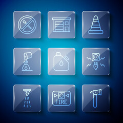 Set line Fire sprinkler, alarm system, Firefighter axe, Traffic cone, Canister fuel, Bucket extinguishing fire, No match and Electricity spark icon. Vector