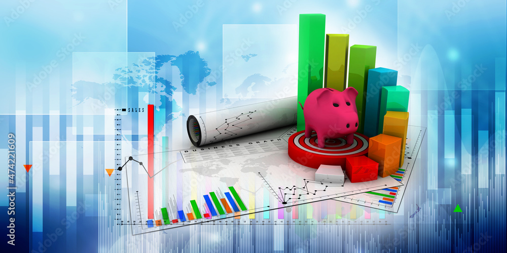 Poster 3d rendering Pig Coin bank with business graph
