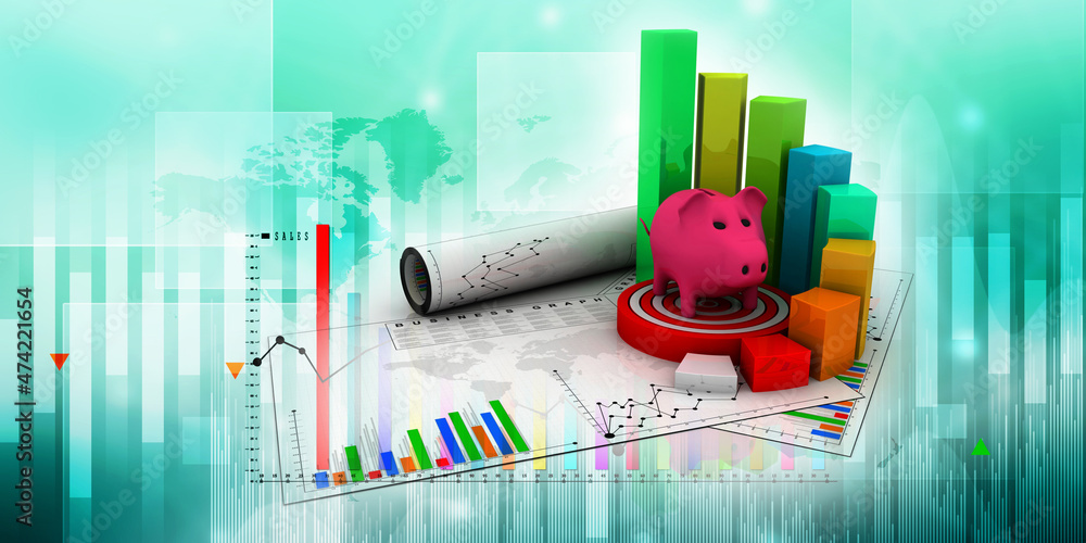 Poster 3d rendering pig coin bank with business graph