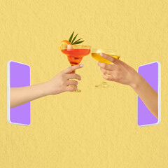 Contemporary art collage. Two hands sticking out phone screen and clinking glasses with drinks isolated over yellow background